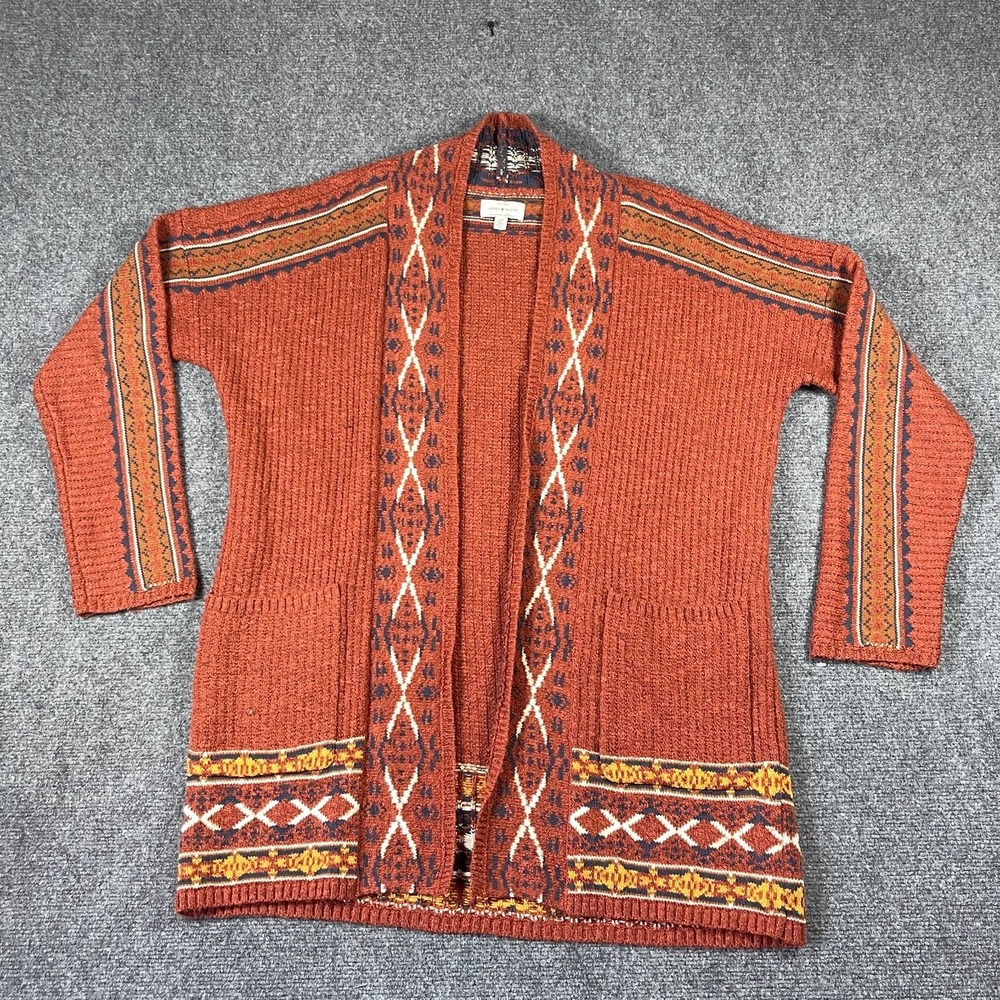 Lucky Brand Cardigan Womens Large Burnt Orange Open Front Boho Festival Aztec
